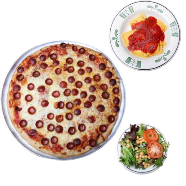 A pizza, salad and bowl of tomato sauce are shown.