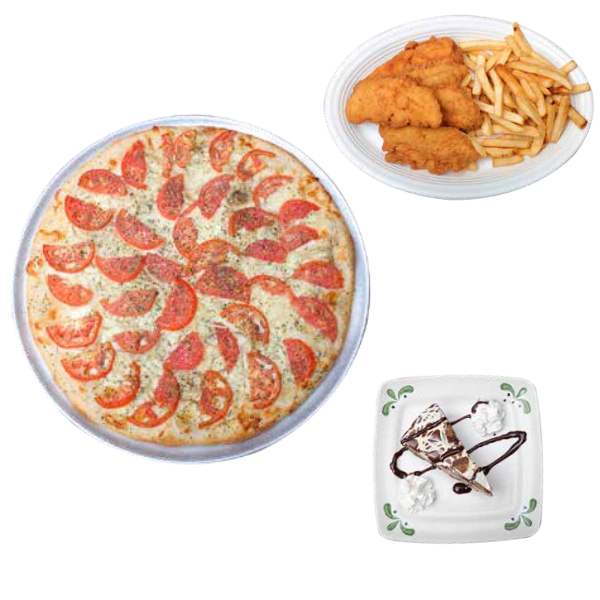A pizza, chicken and fries are on the table.