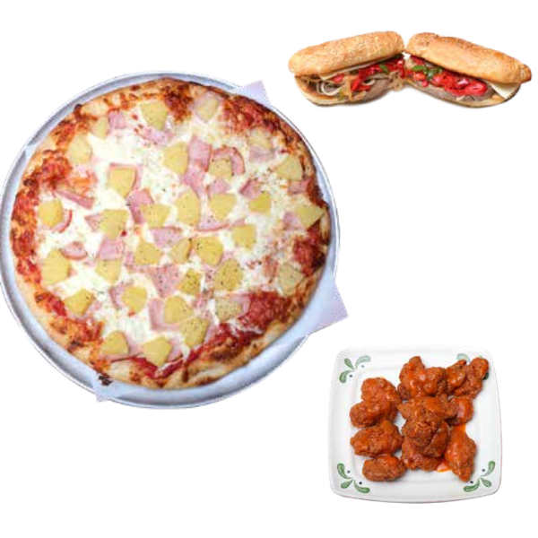 A pizza, hot wings and a sandwich are all on the table.