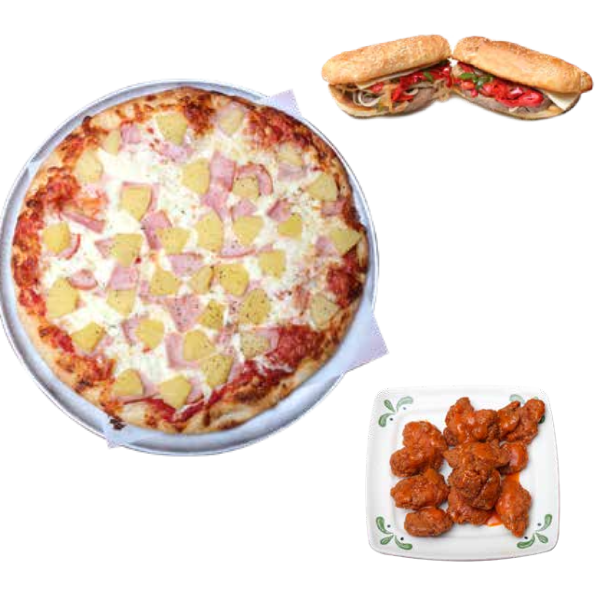 A pizza, hot wings and a sandwich are all on the table.