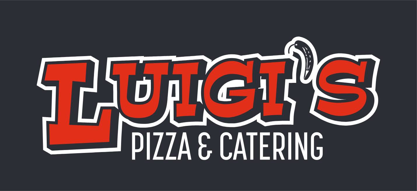 A black and red logo for fuigi pizza & catering.