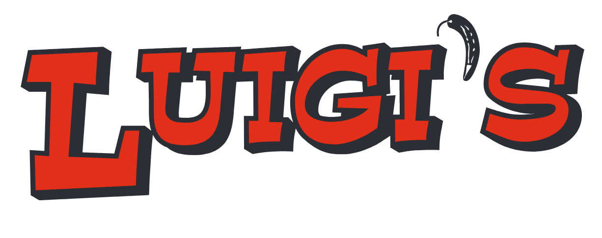 A green background with the words juigis pizza and catering written in red.
